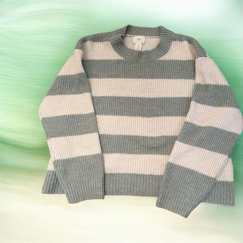 H&M Women's Striped Pullover Sweater Green/Ivory Long Sleeve Crew Neck